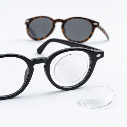 Illustration of full oval inserts on clear-lens glasses, with sunglasses as another possible compatible frame. Frames not included.