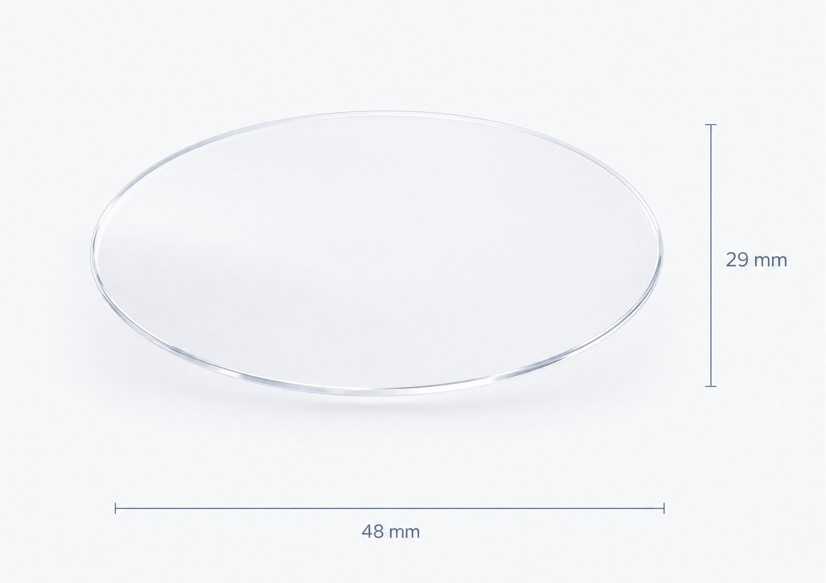 Approximate full oval insert dimensions: 48 mm wide and 29 mm high. Illustration, not a true-scale fit template.
