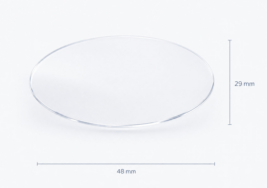 Approximate full oval insert dimensions: 48 mm wide and 29 mm high. Illustration, not a true-scale fit template.