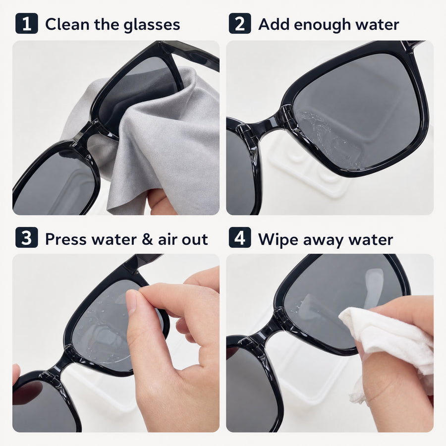 Four illustrated steps: clean the glasses, add water, press out water and air, and wipe away water.