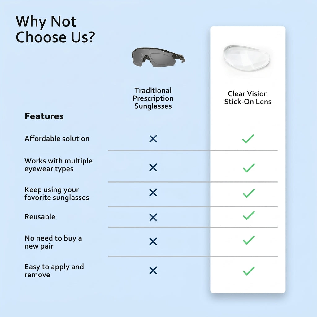 Clear Vision Stick-On Lens comparison chart beside prescription sunglasses.