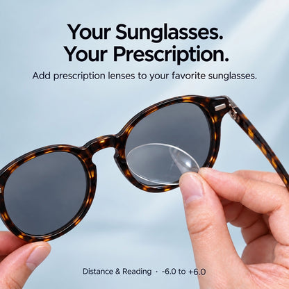Clear Vision Stick-On Lens insert shown being positioned inside a tortoiseshell sunglass lens.